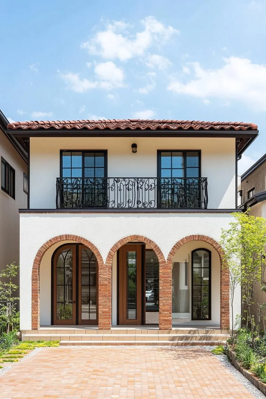 Tuscan Facade with a Brick Balcony