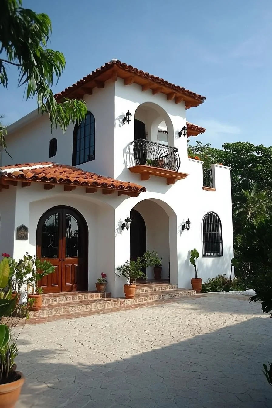 A Whitewashed Home With Terracotta Trim