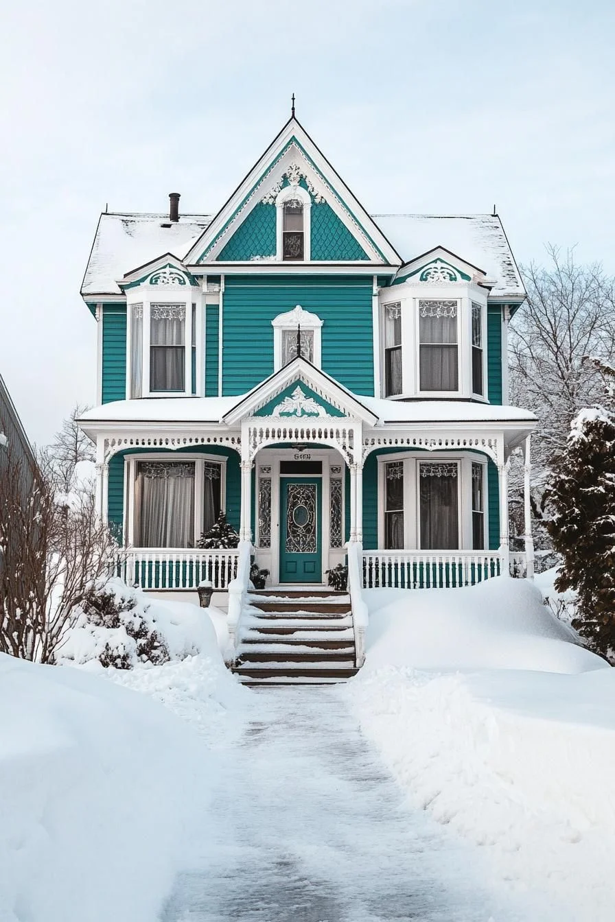 Turquoise Home Wrapped in Snow