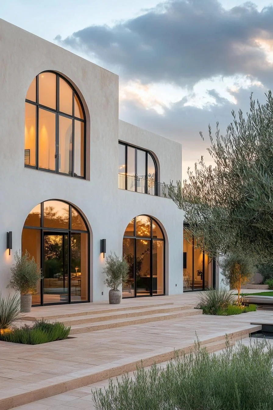 A Mediterranean Villa with Archways at Sunset