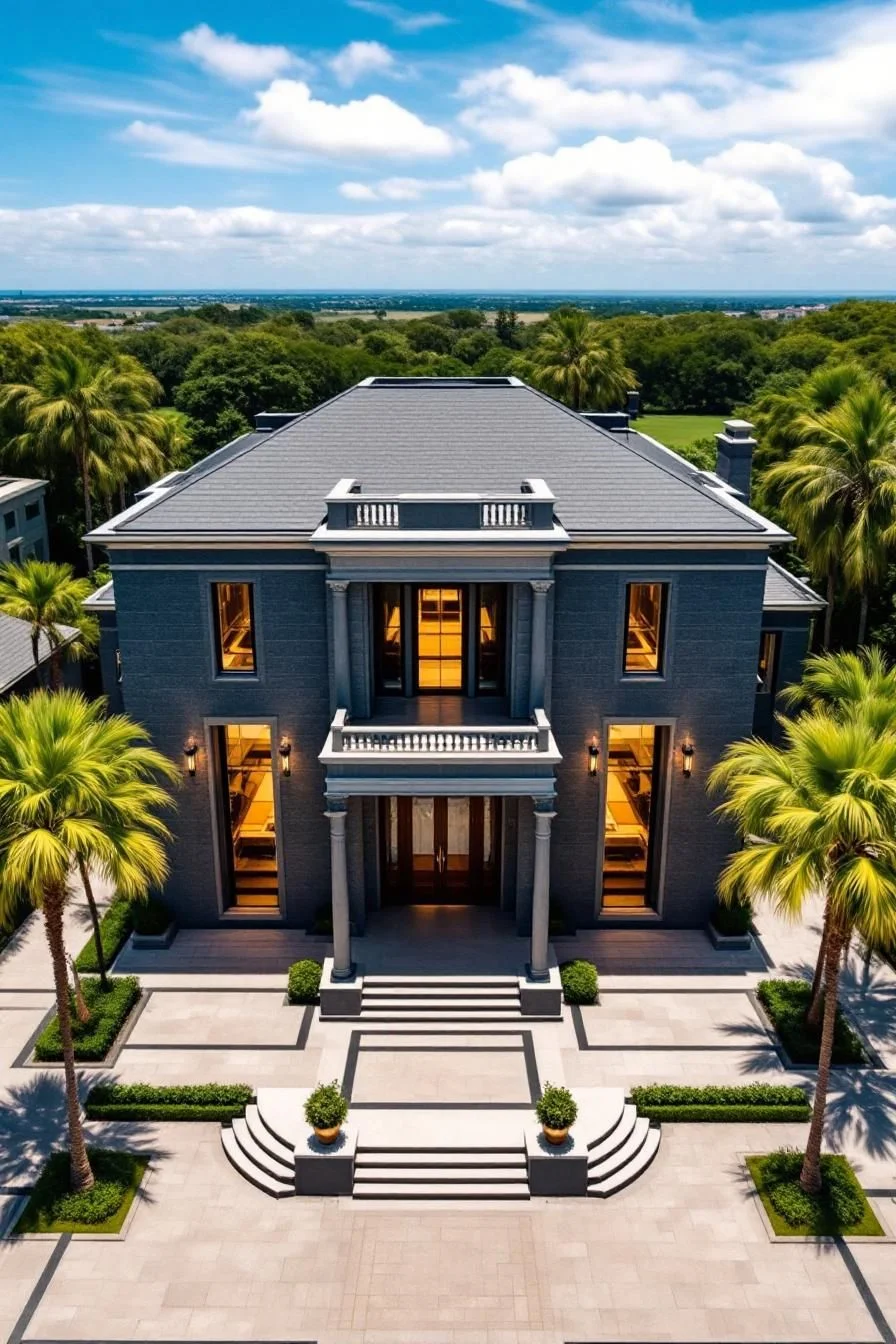 Grand Concrete Manor Lined With Palms