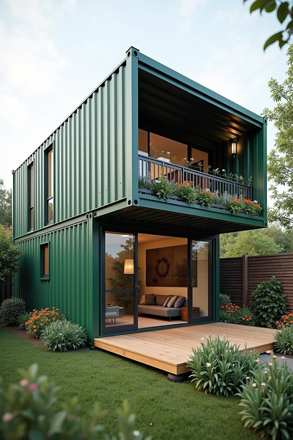 A Stacked Container Home Wrapped in Green