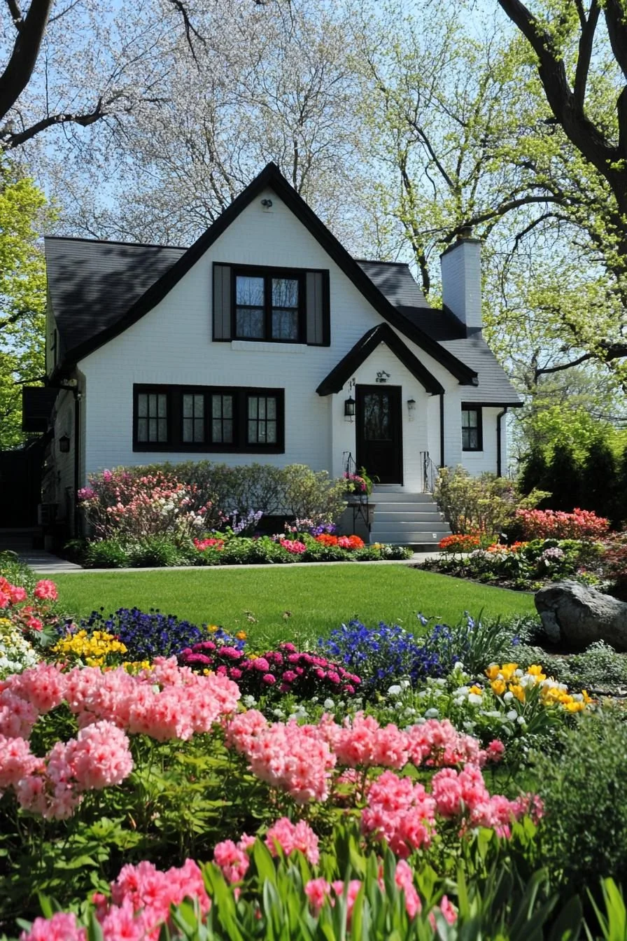 White Cottage Amid a Floral Display