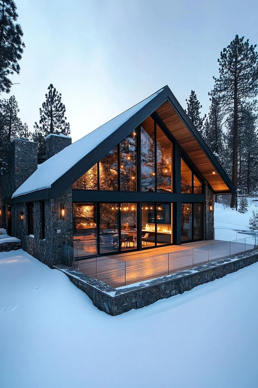 Glowing Triangular Cabin in a Snowy Hug
