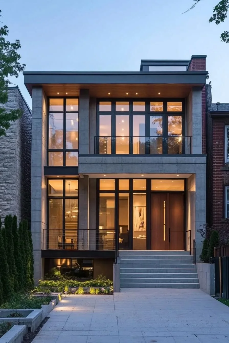 Tall Glass Design Among City Greenery
