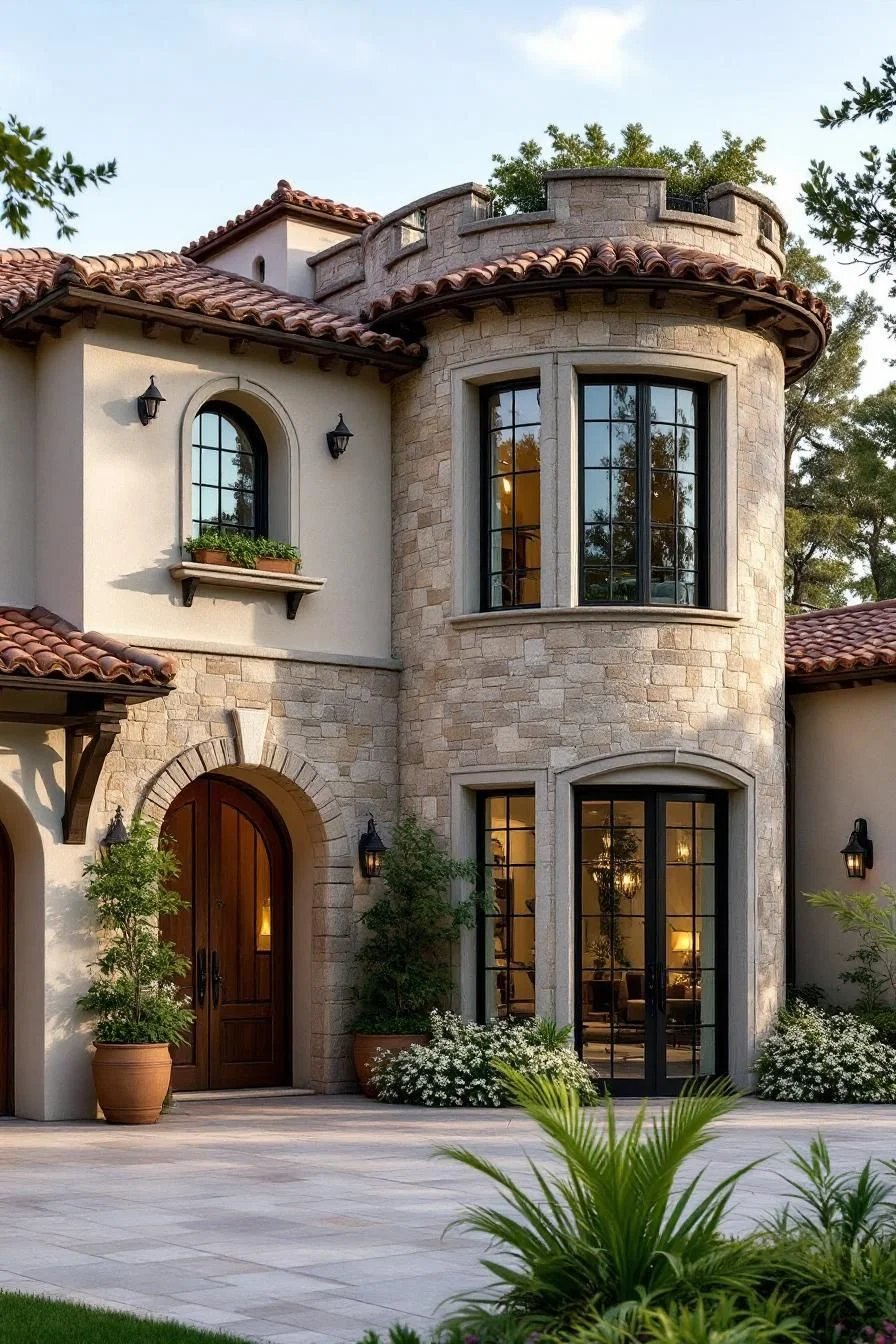 Curved Stone Tower with Terracotta Roofing