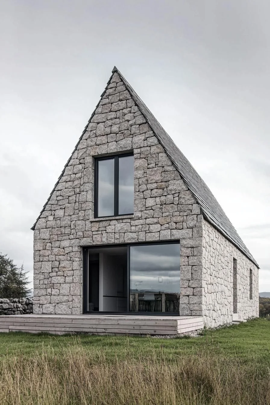 Triangular Stone Cottage Under Cloudy Skies