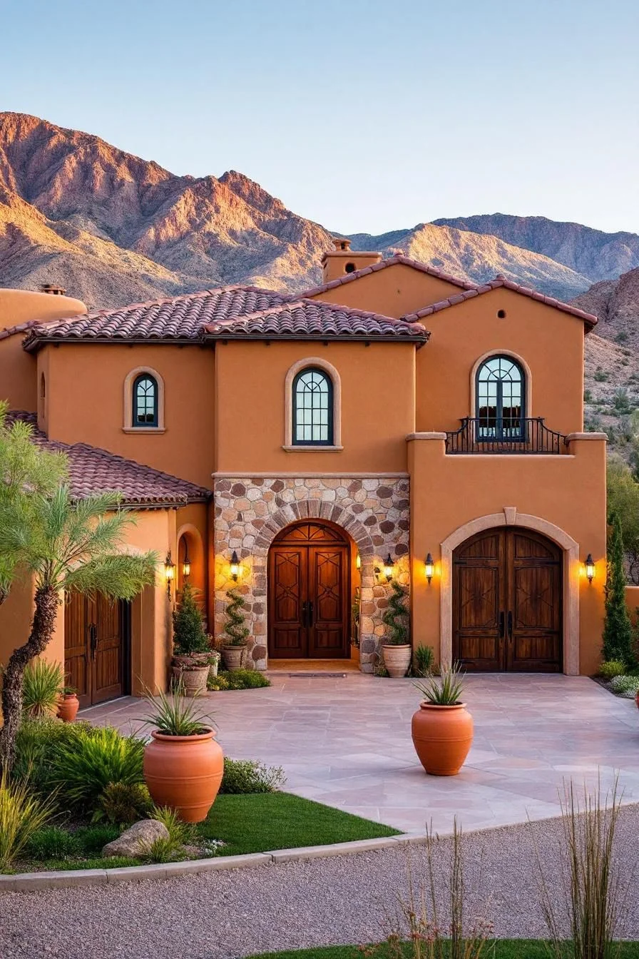A Terracotta Home Set Against Mountains