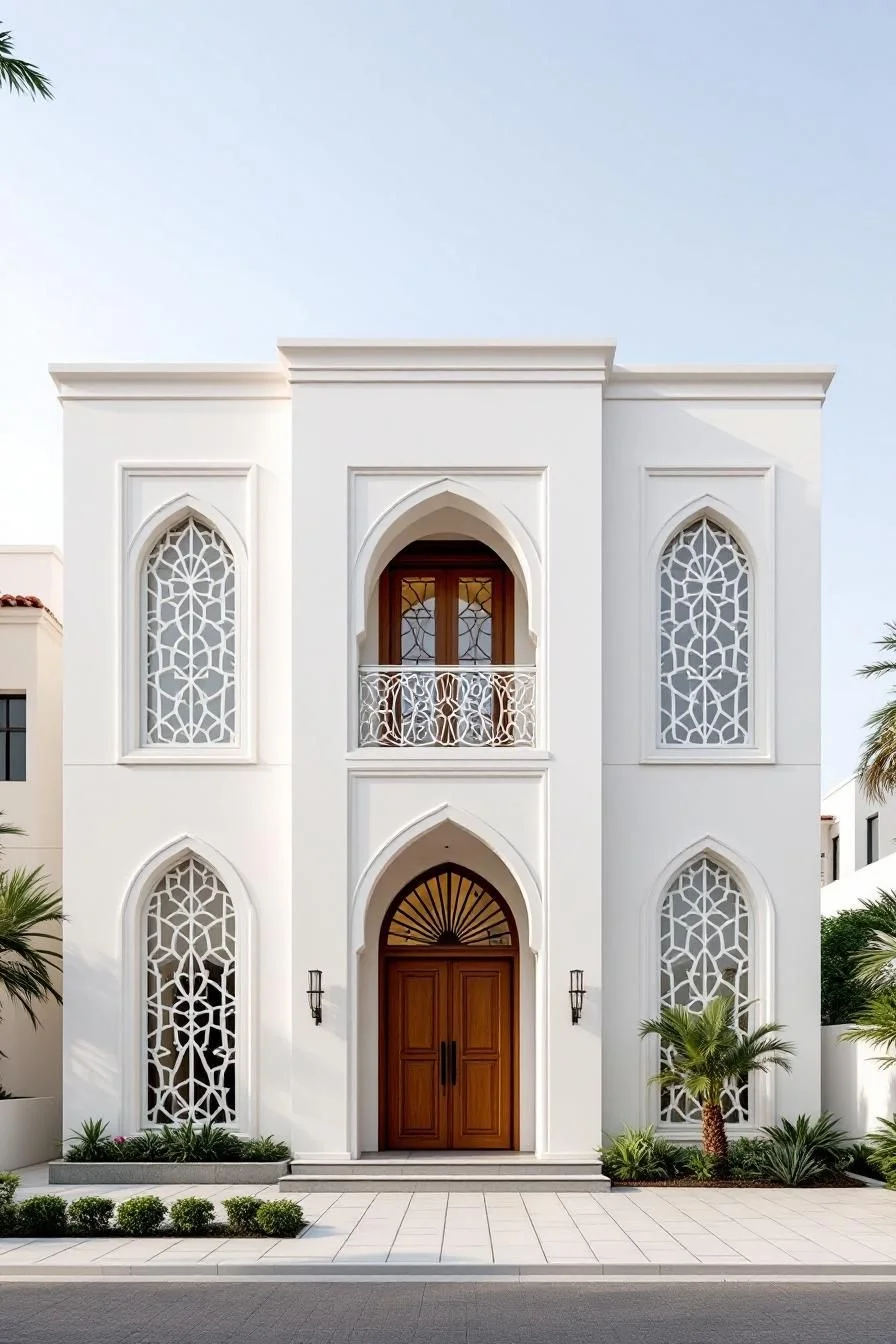 A Whitewashed Home With Arched Detail