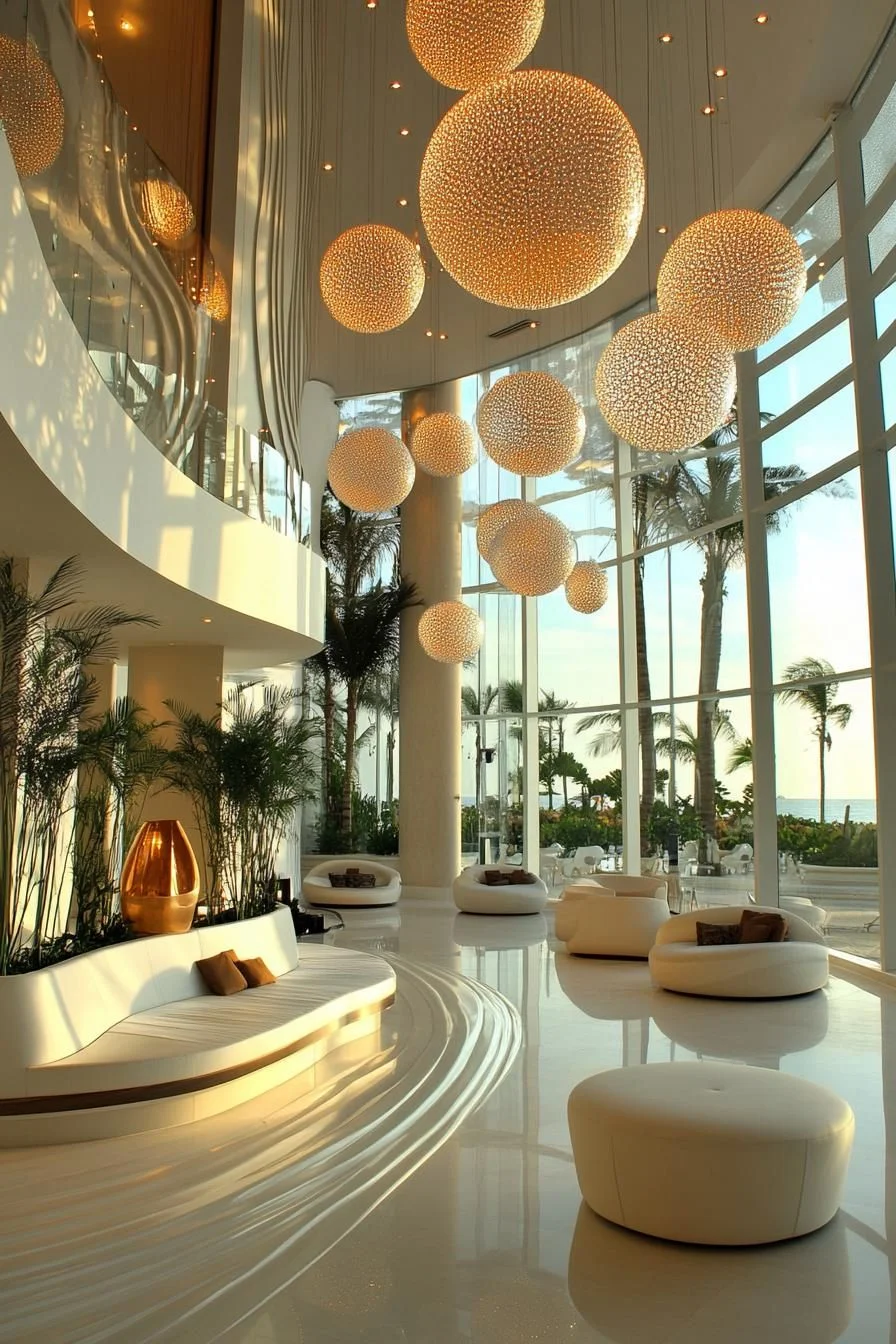 Sunlit Lobby With Floating Sphere Lights