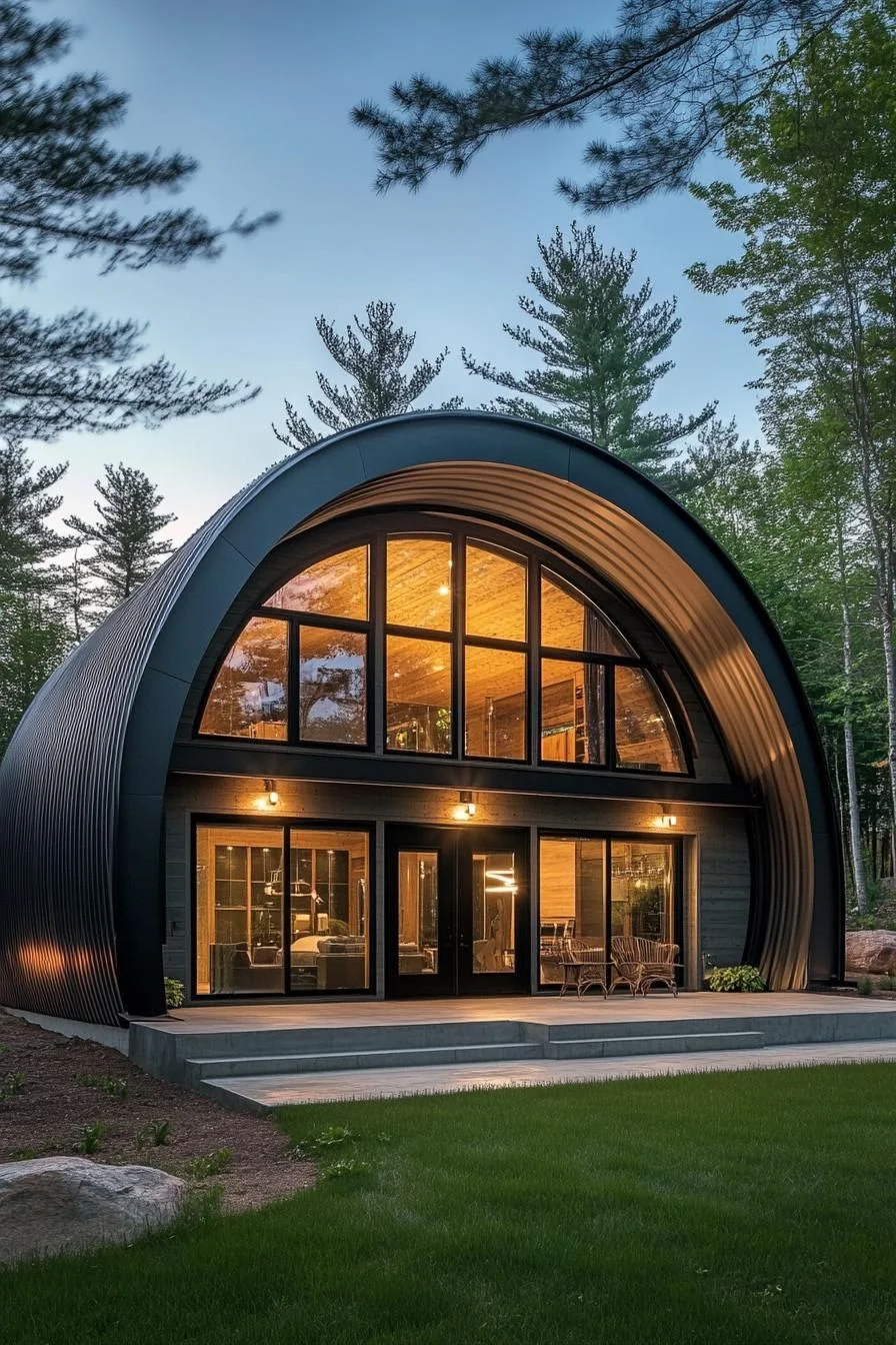 An Arched Home Glowing in Twilight Woods