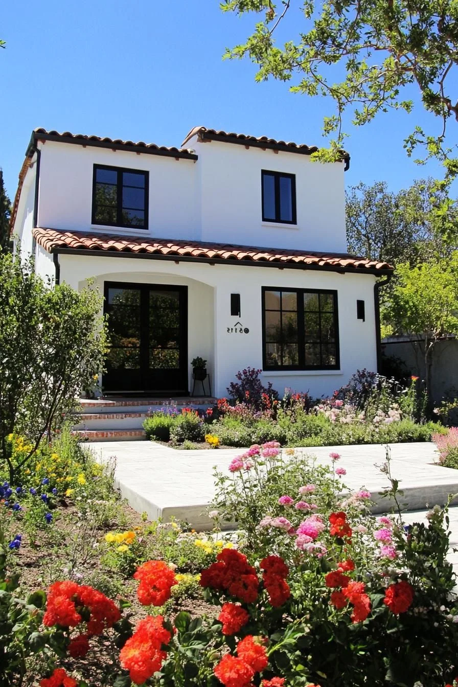 Blooming Garden Around a White Cottage