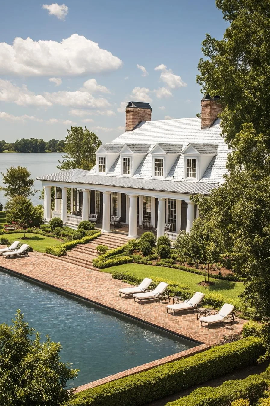 Colonial Columns Beside Glimmering Waters