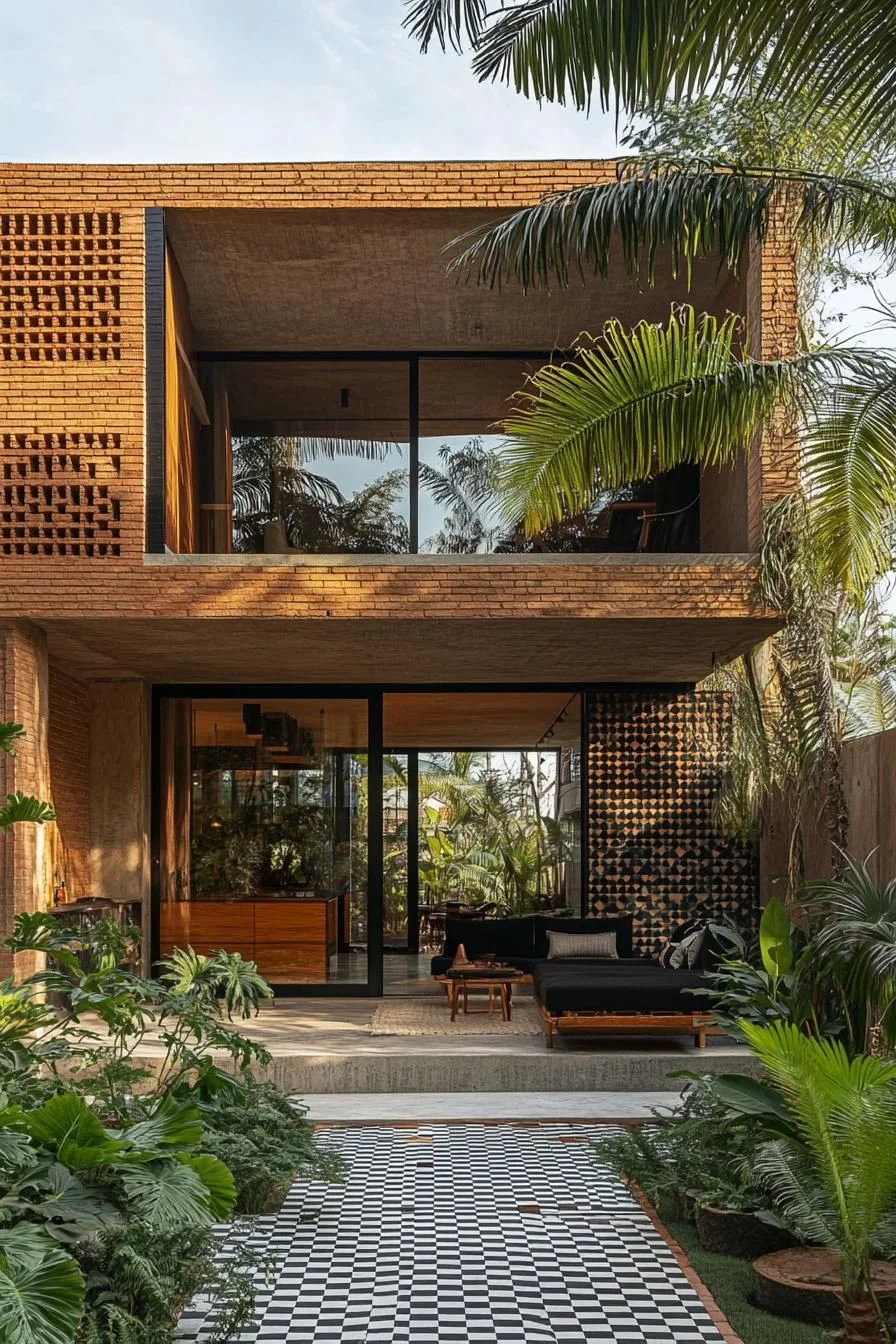 Brick Facade Framed by Greenery