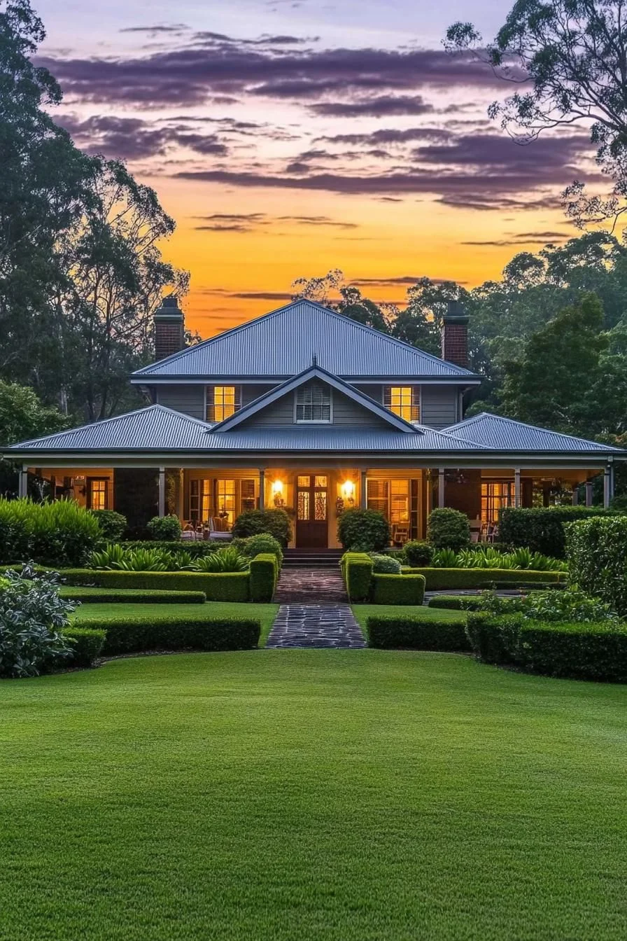 A Farmhouse Quietly Lit at Twilight