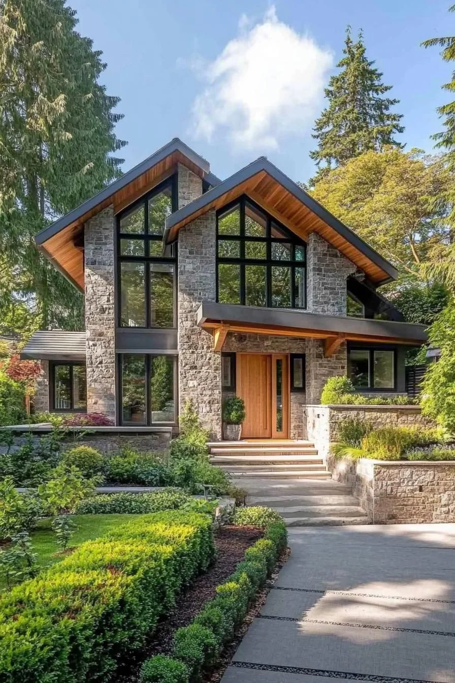 Stone and Glass Home Among Firs