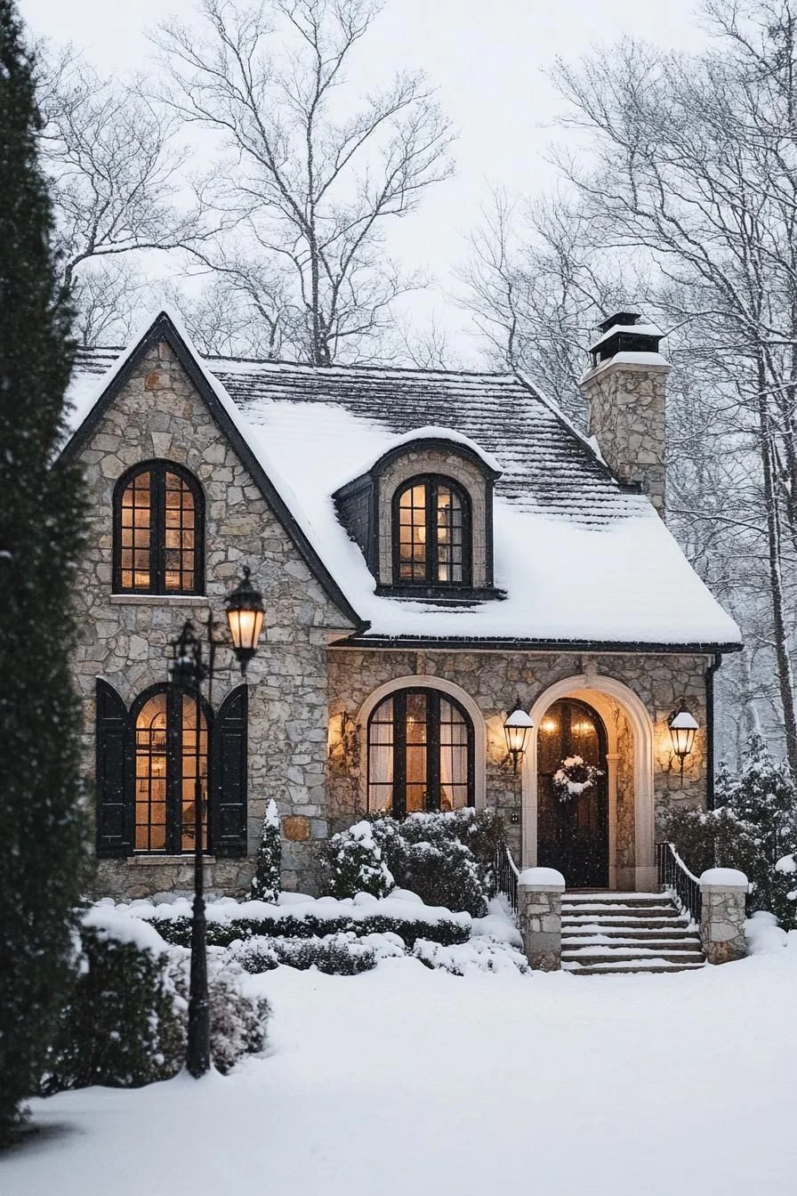 A Stone Cottage Set In Snow