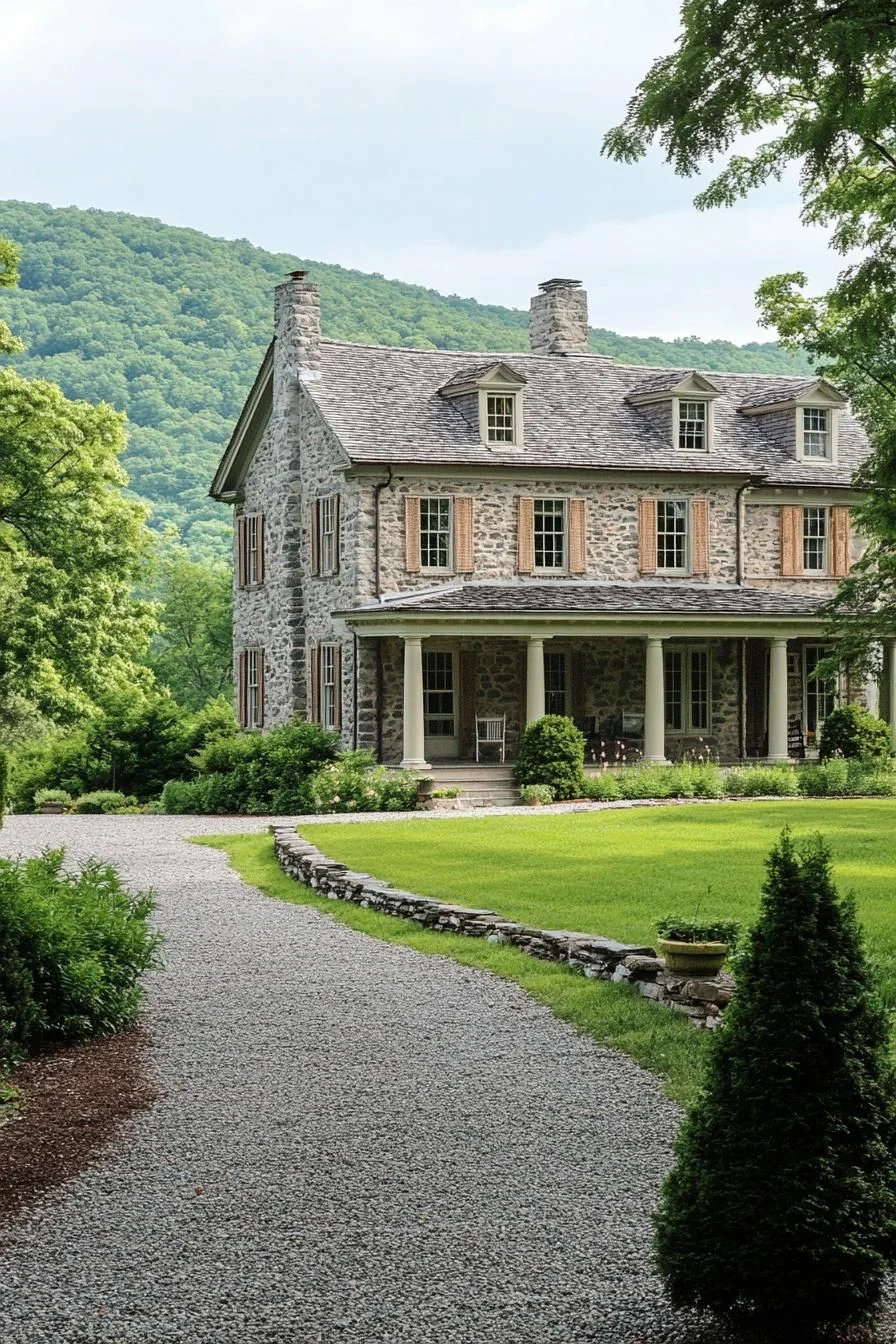 Stately Stone Mansion with a Garden Walkway
