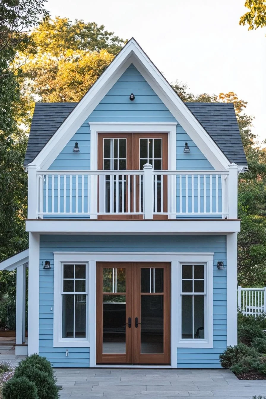 34) A Sky-Blue Home with Balcony Charm