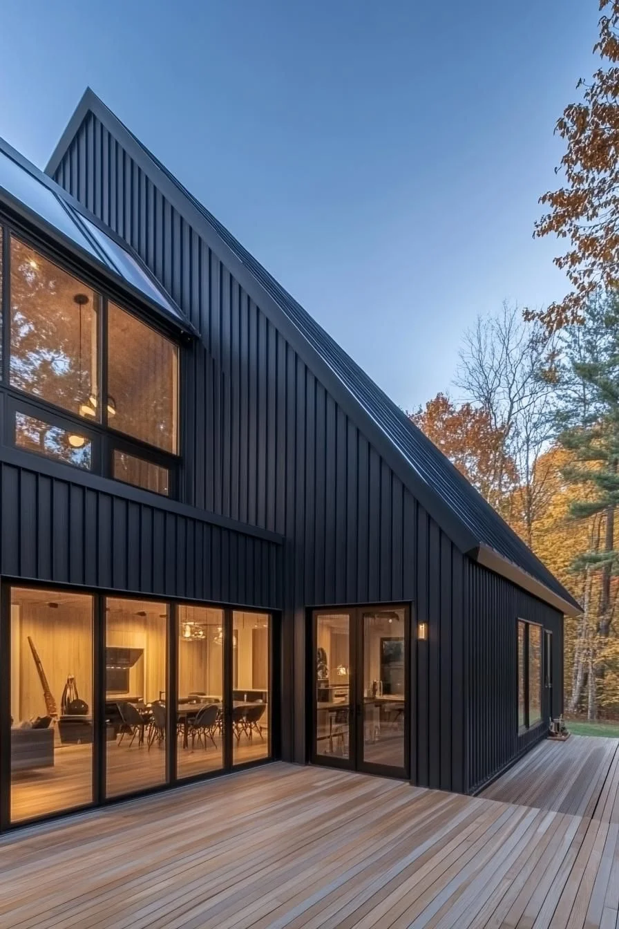 Triangular Long House Glowing at Dusk