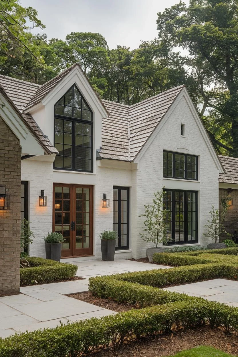 White Brick Cottage with Gabled Charm