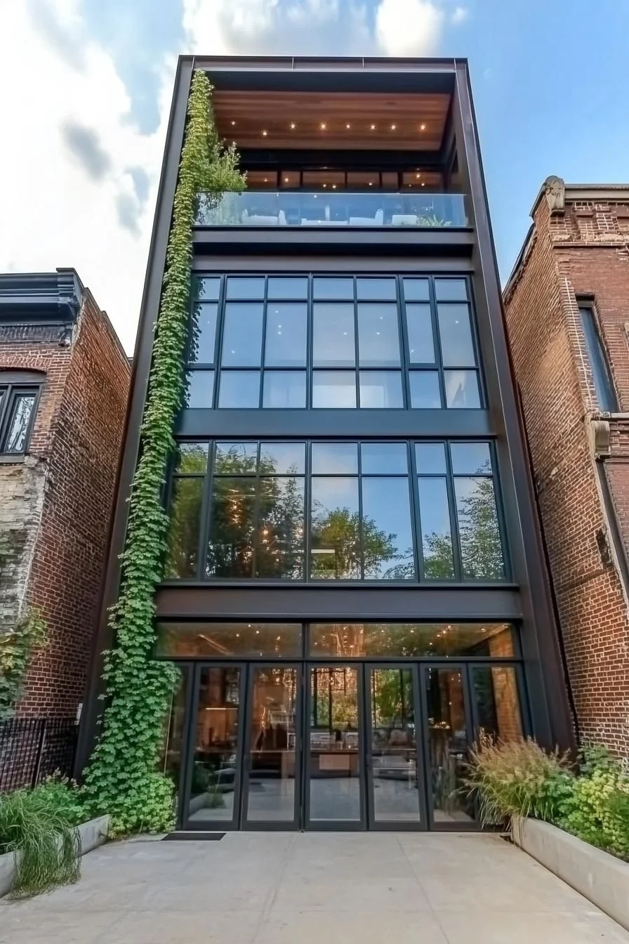 A Tall Glass Home Among Brick Buildings
