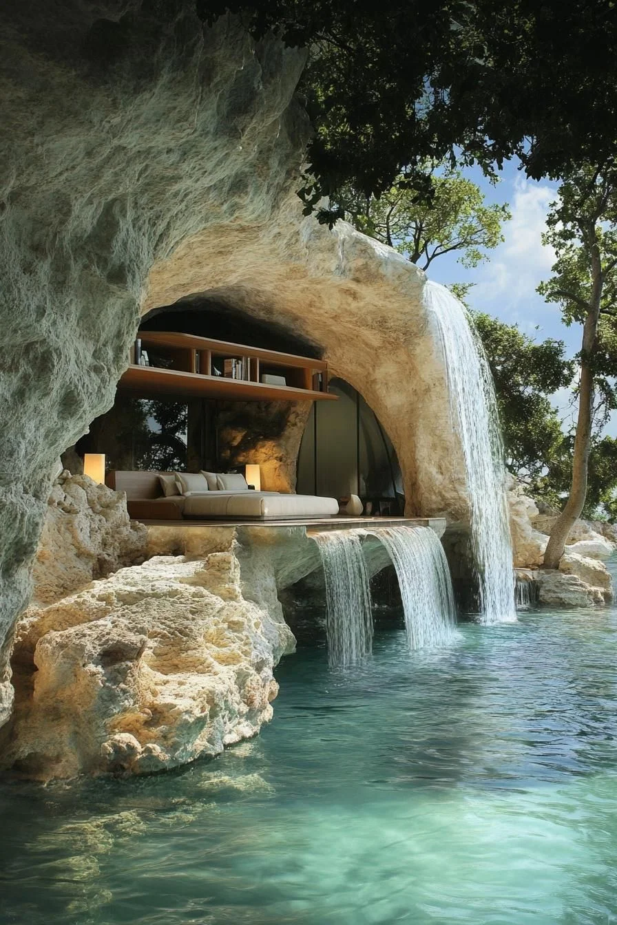 A Cave House Built Around a Waterfall