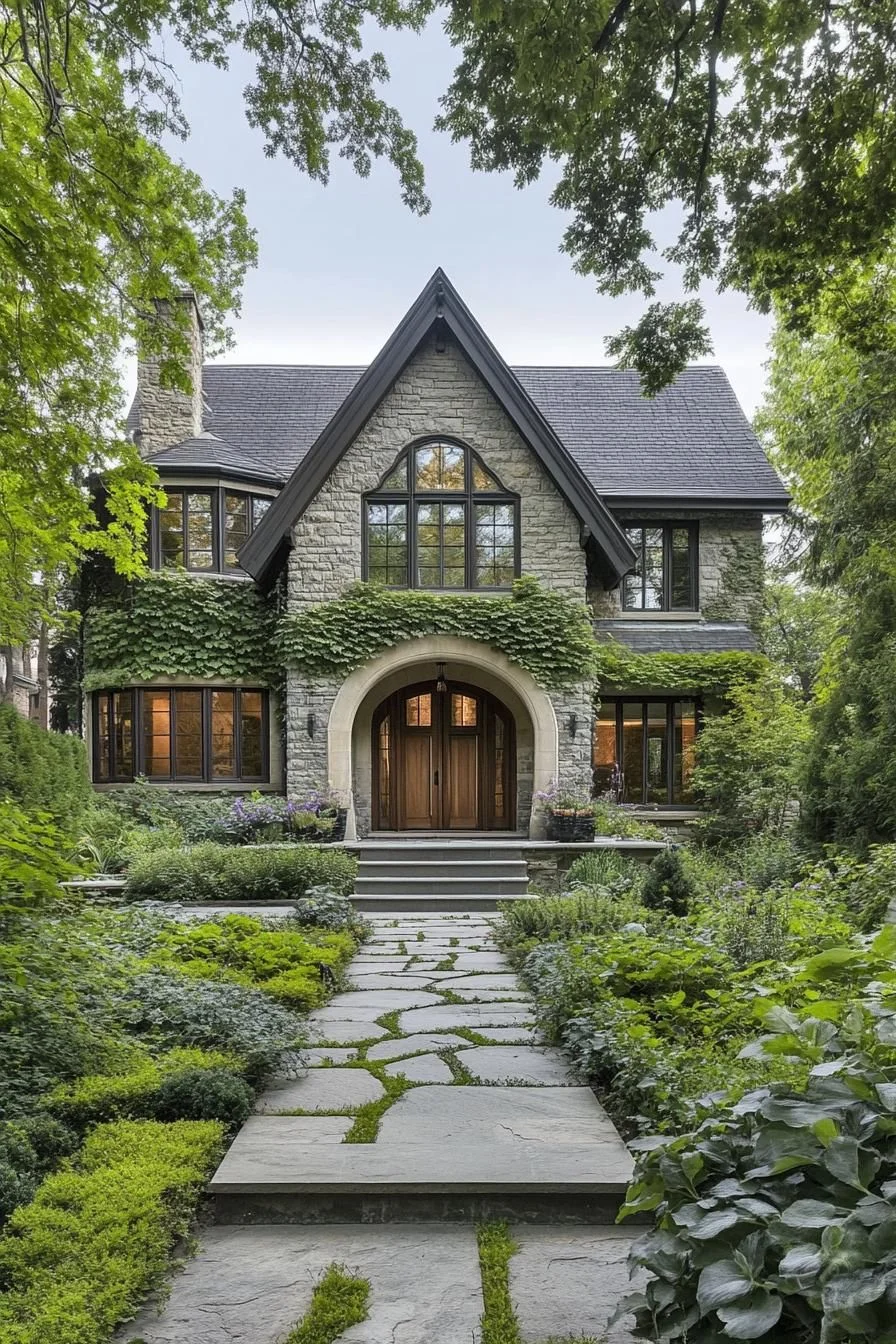 Ivy-Covered Stone Cottage with a Pointed Roof