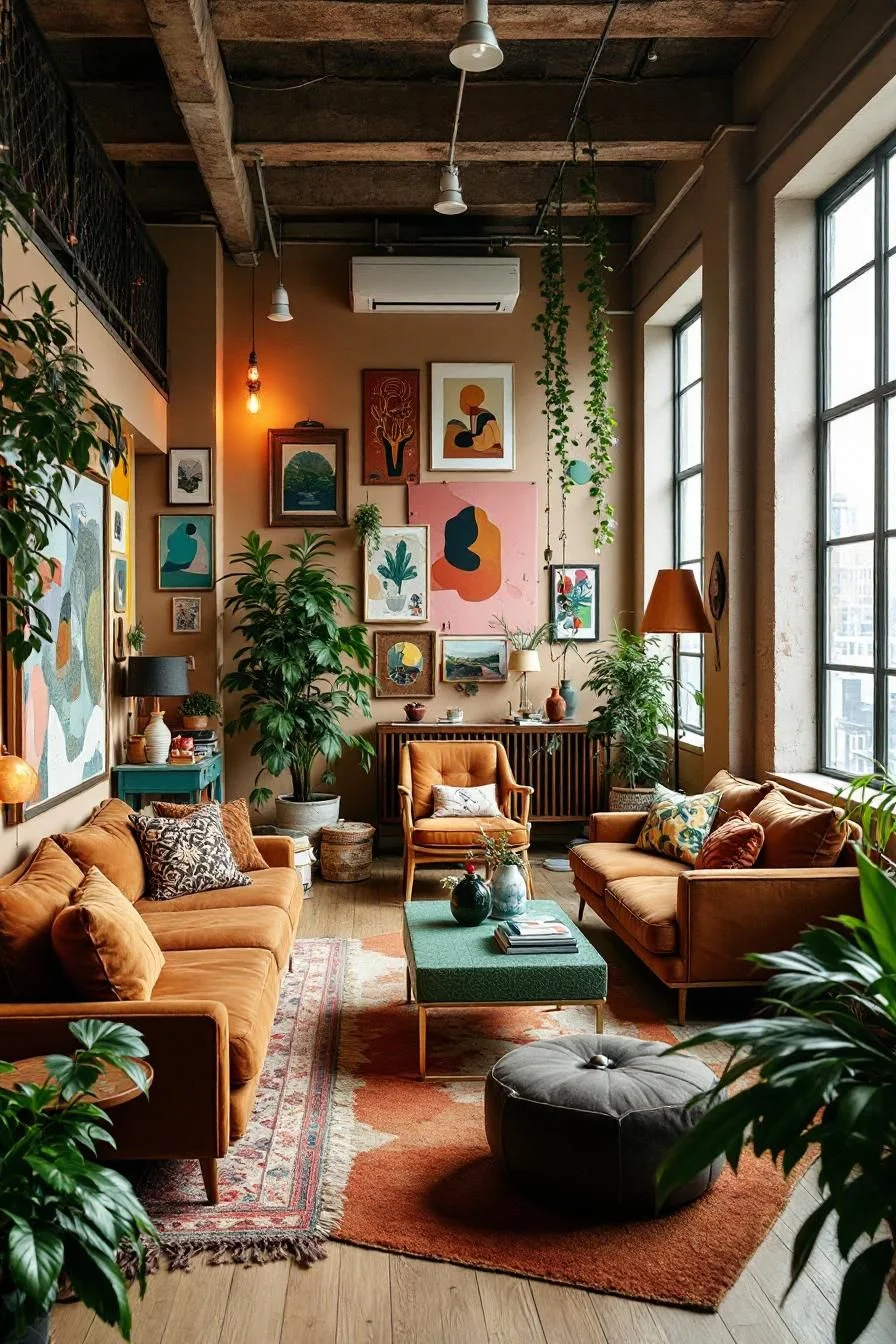 A Loft Filled With Plants and Paintings