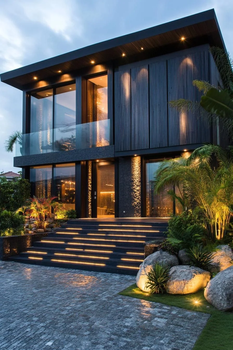 Tropical Villa Glowing at Midnight