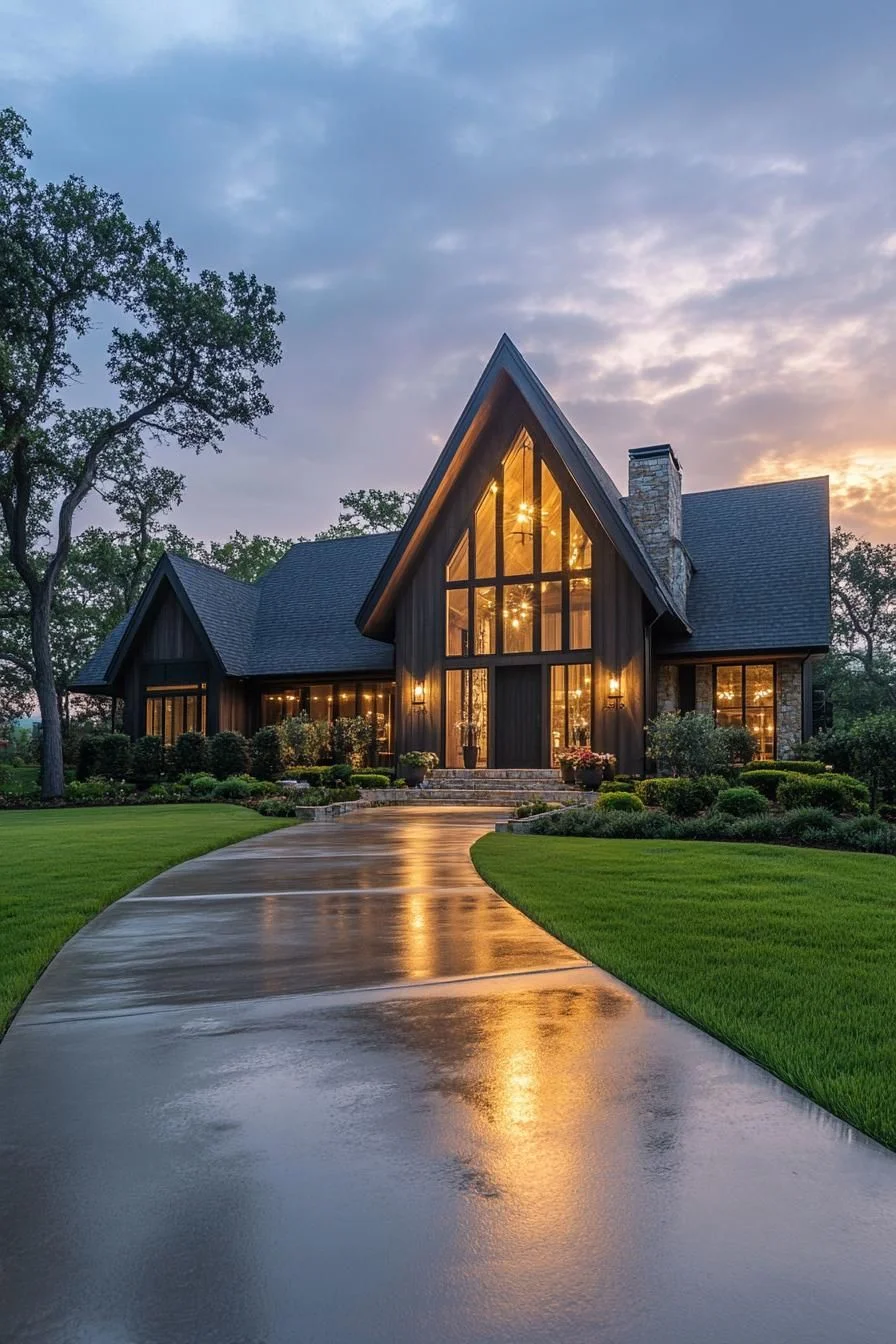 A Gleaming Countryside Farmhouse at Dusk