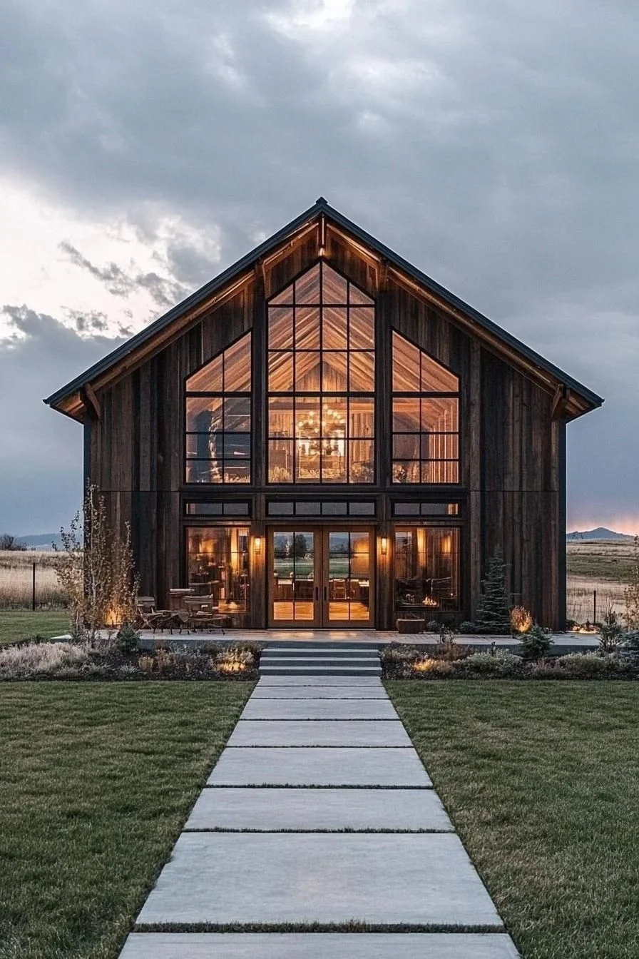 A Glass Barndominium With Rustic Lighting