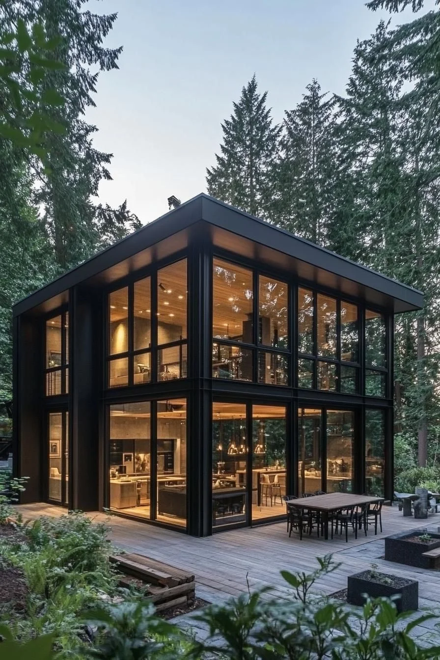 A Glass Cube Surrounded By Pine Trees