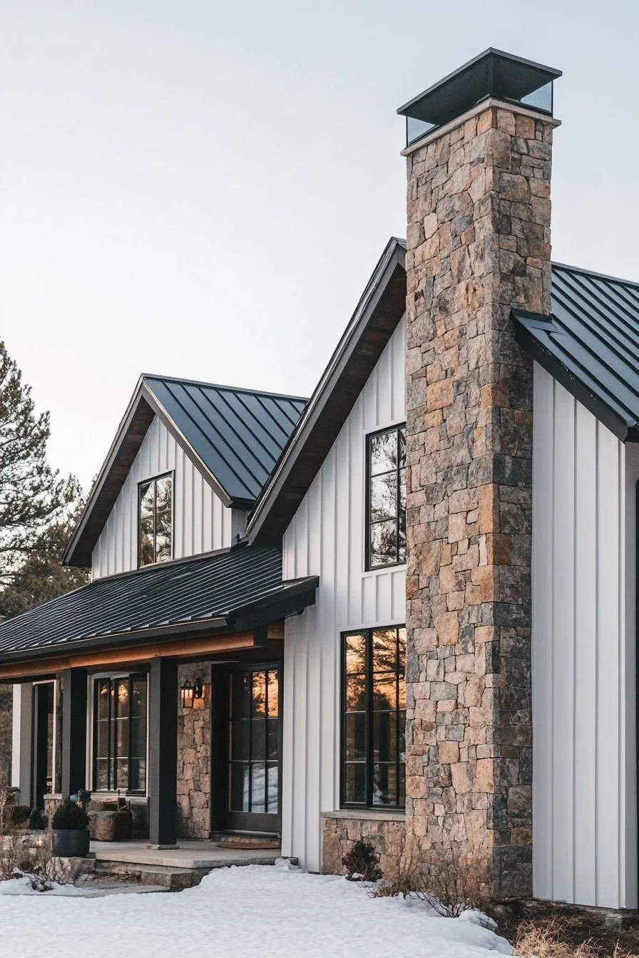 Pine-Framed Home With Stone Chimney