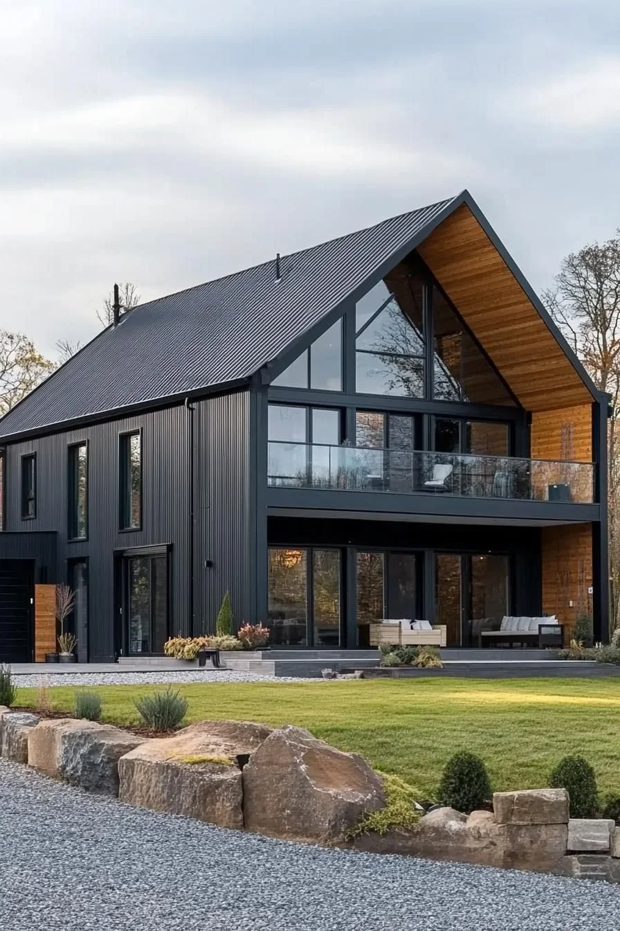This barn house blends contemporary style with cozy, rustic character in equal measure. A black exterior paired with expansive glass windows gives it a sharp, polished look from every angle.