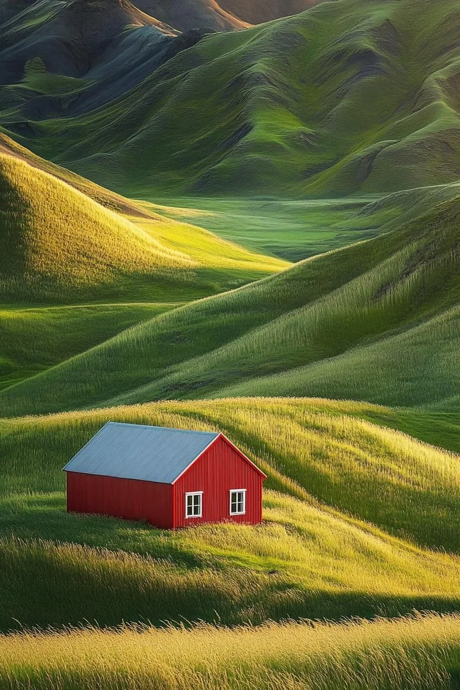 Red Barndominium Amid Rolling Hills