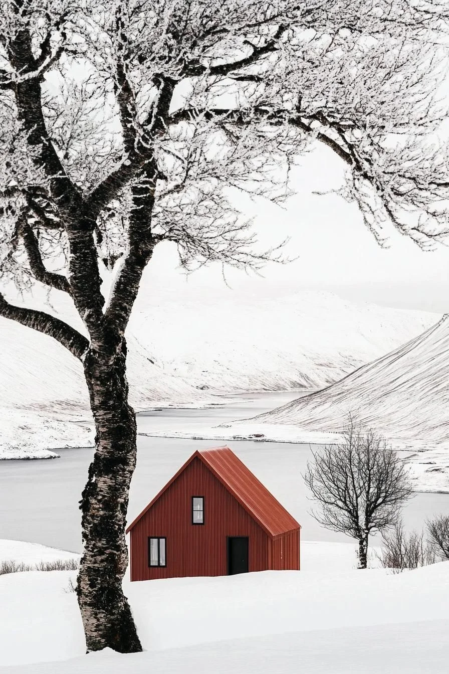 A Red Cabin Surrounded by Snow