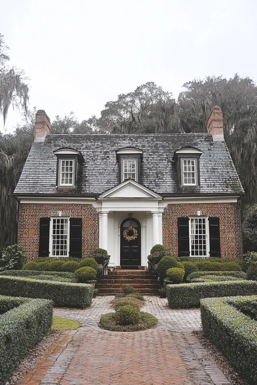 A Brick Home Decorated With a Front Wreath
