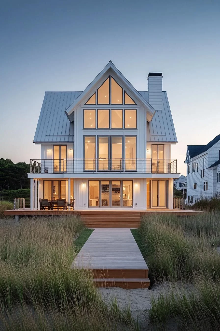 A Glass-Filled Coastal House at Sunset