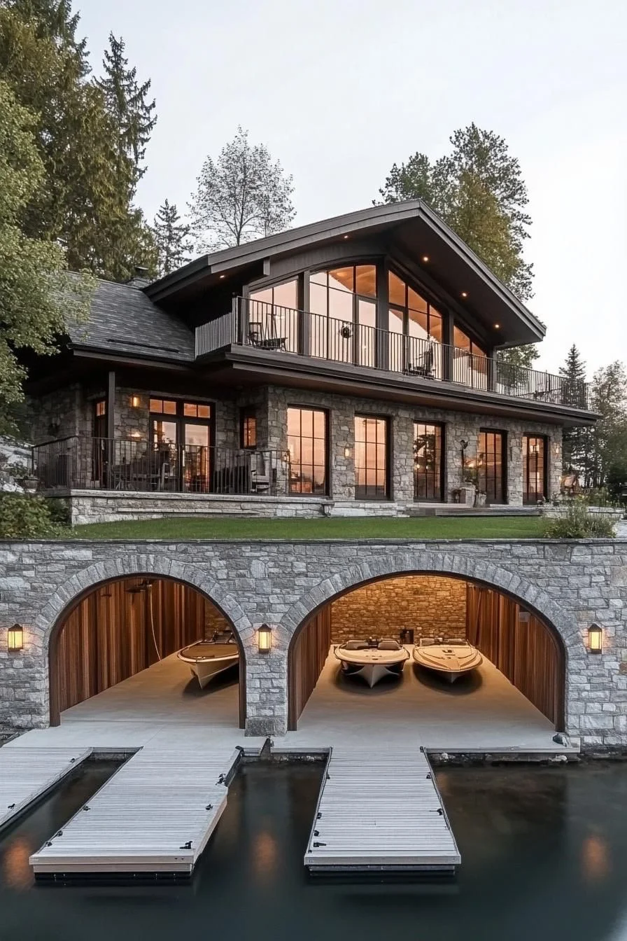 Contemporary Stone Lake House with Dock Access
