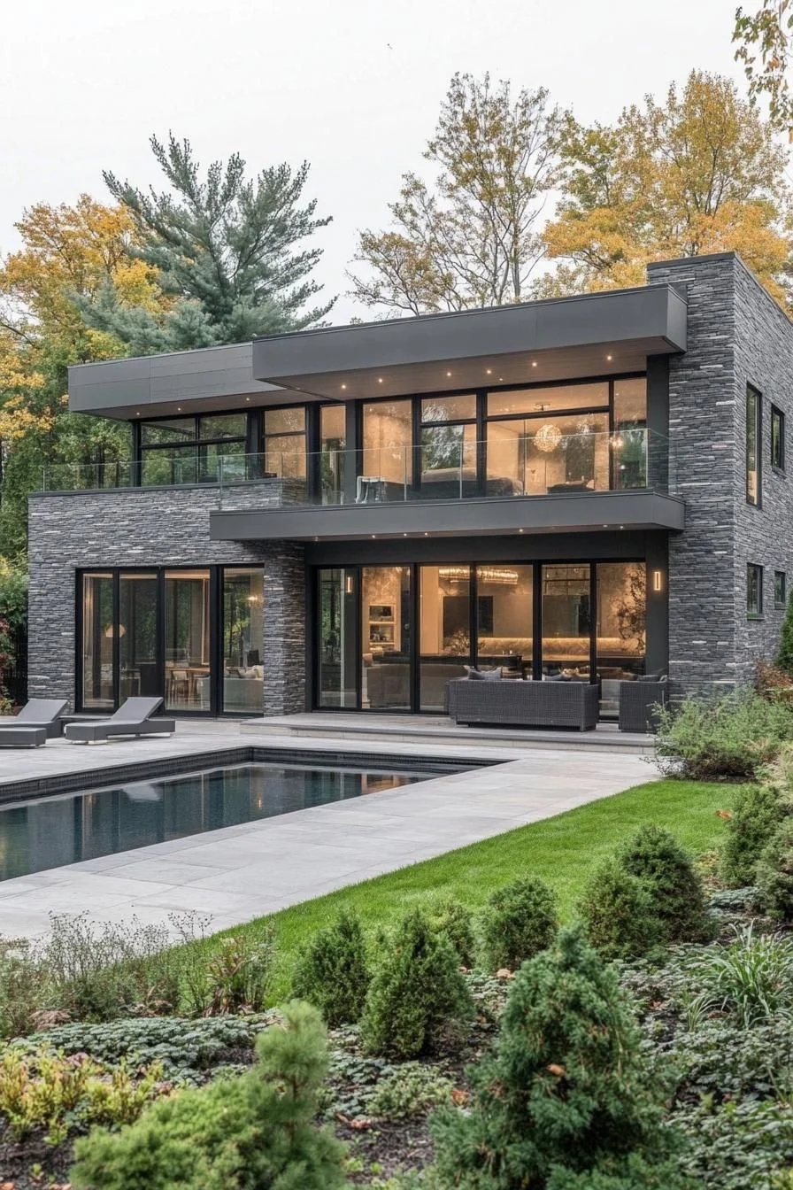 Stone Facade with Gleaming Pool