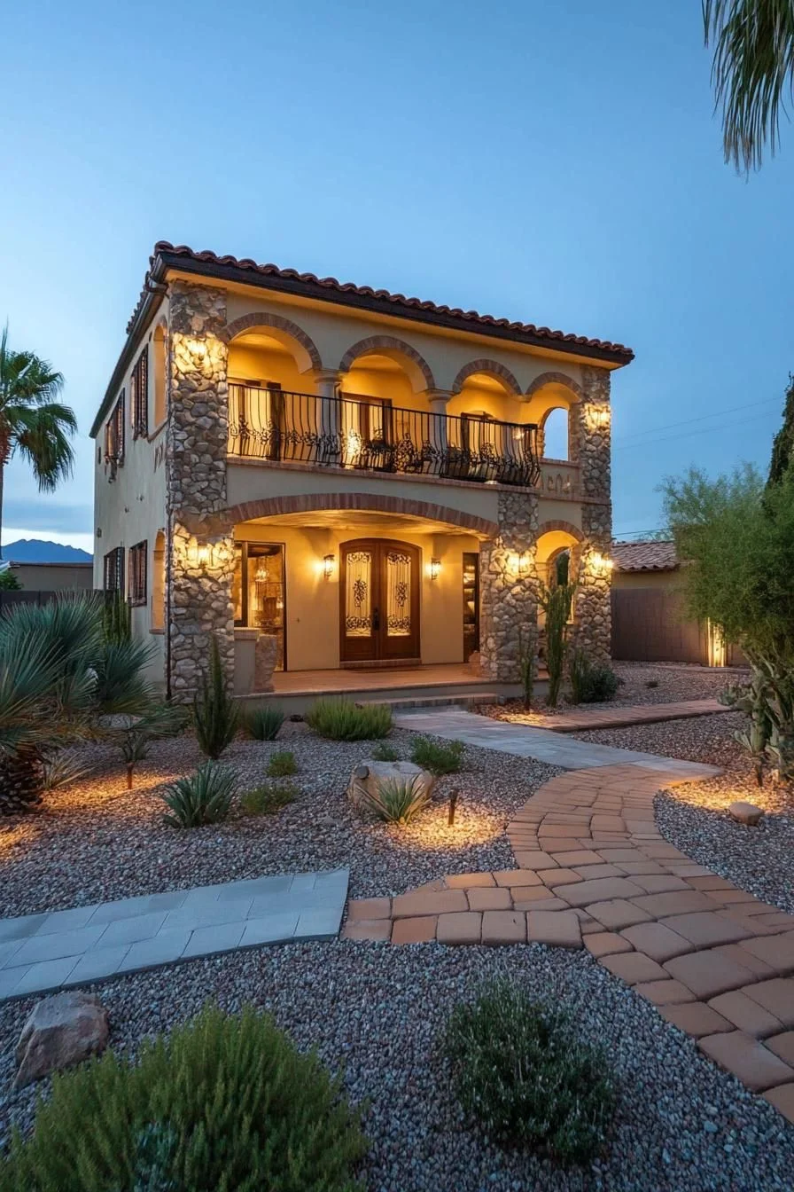 Tuscan Facade Lit Up in a Desert Setting