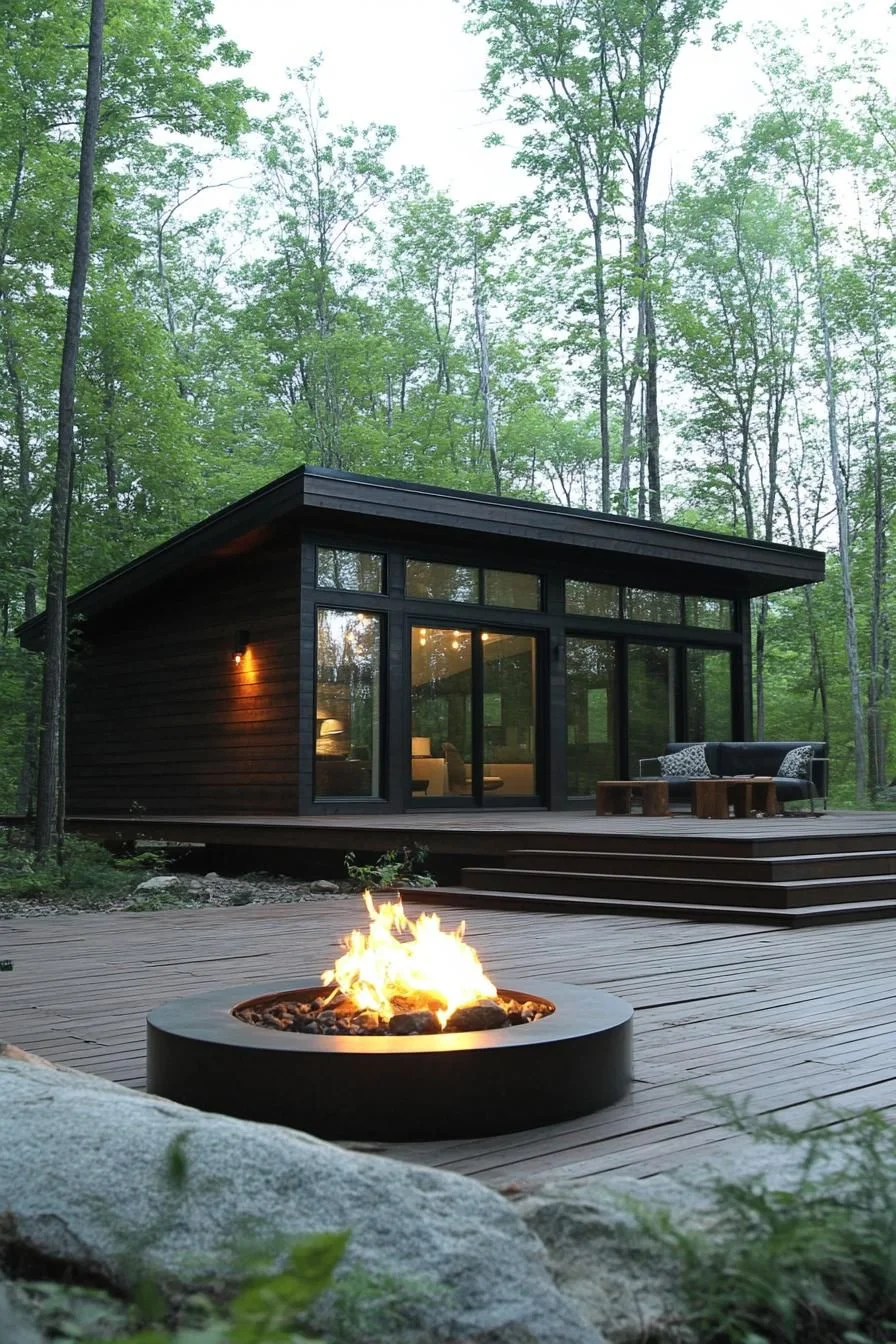 Fire-Lit Cabin Under the Trees