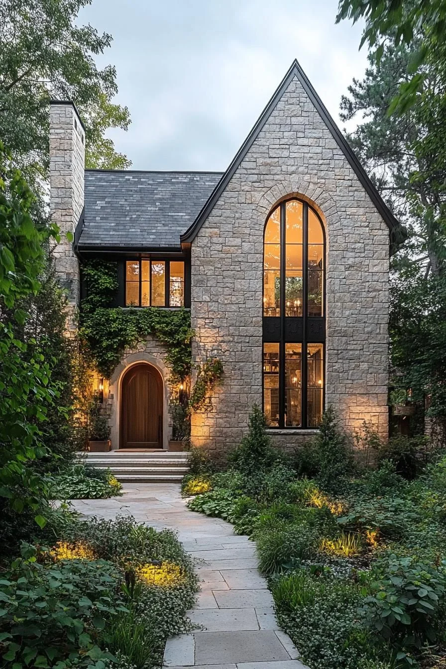 Stone Cottage with Glowing Window Light