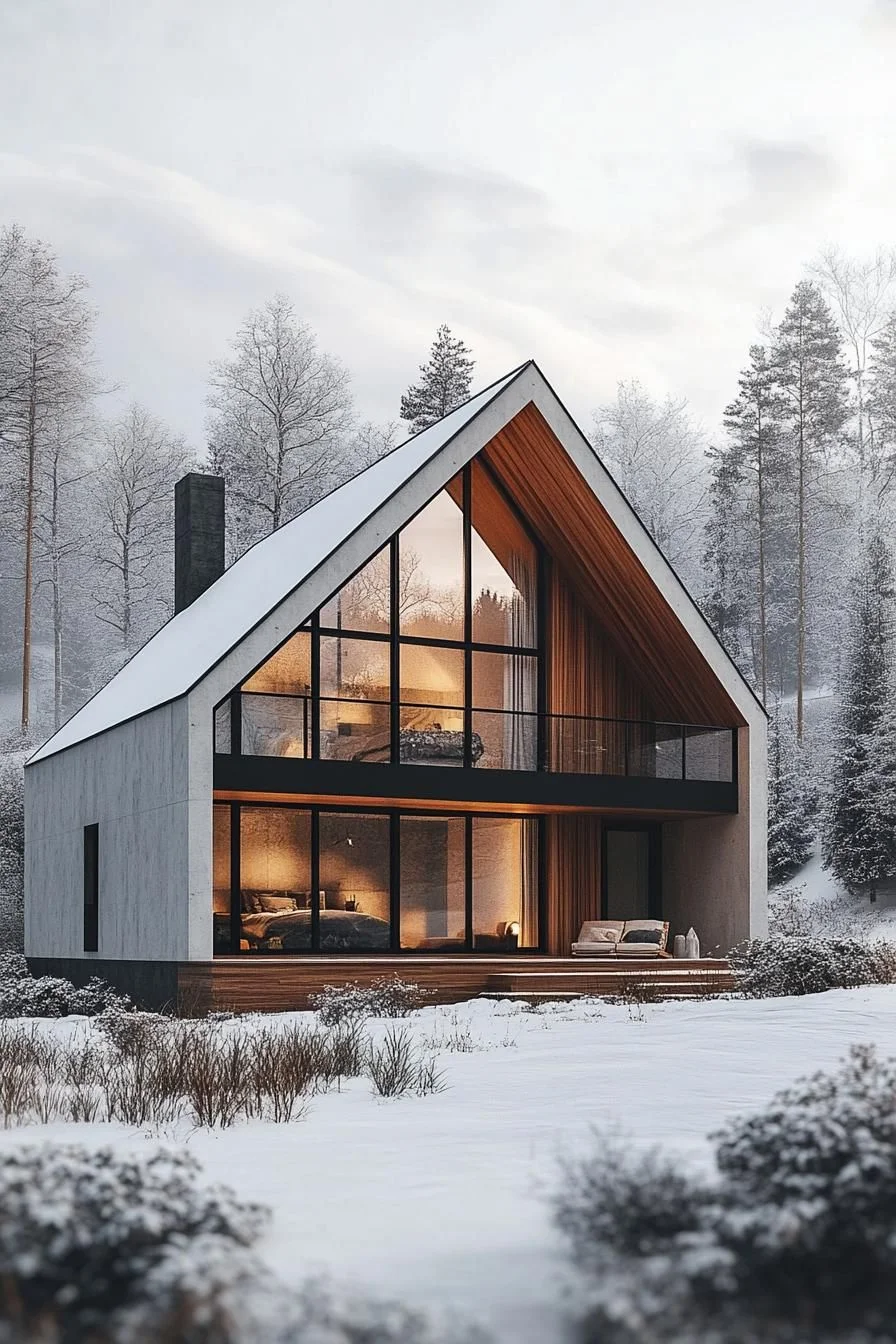 Snowy Gable House in a Shadowed Setting