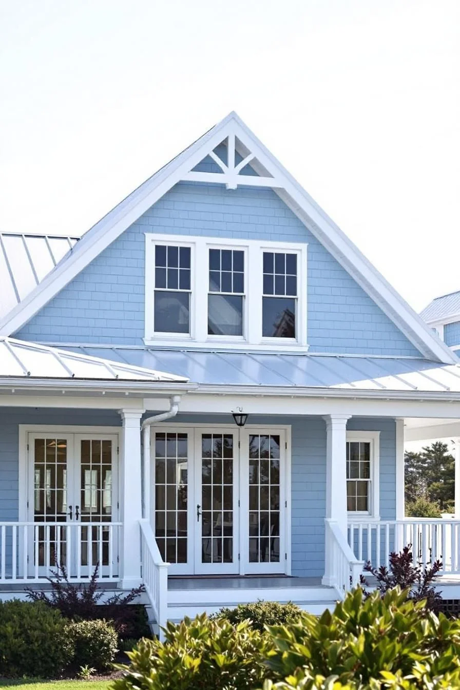 A Blue Coastal House with a Porch