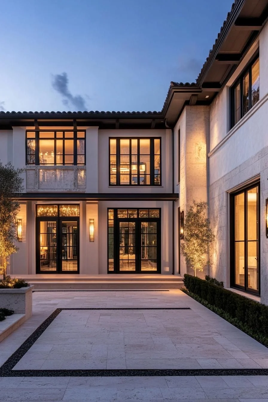 Courtyard Home Lit at Twilight