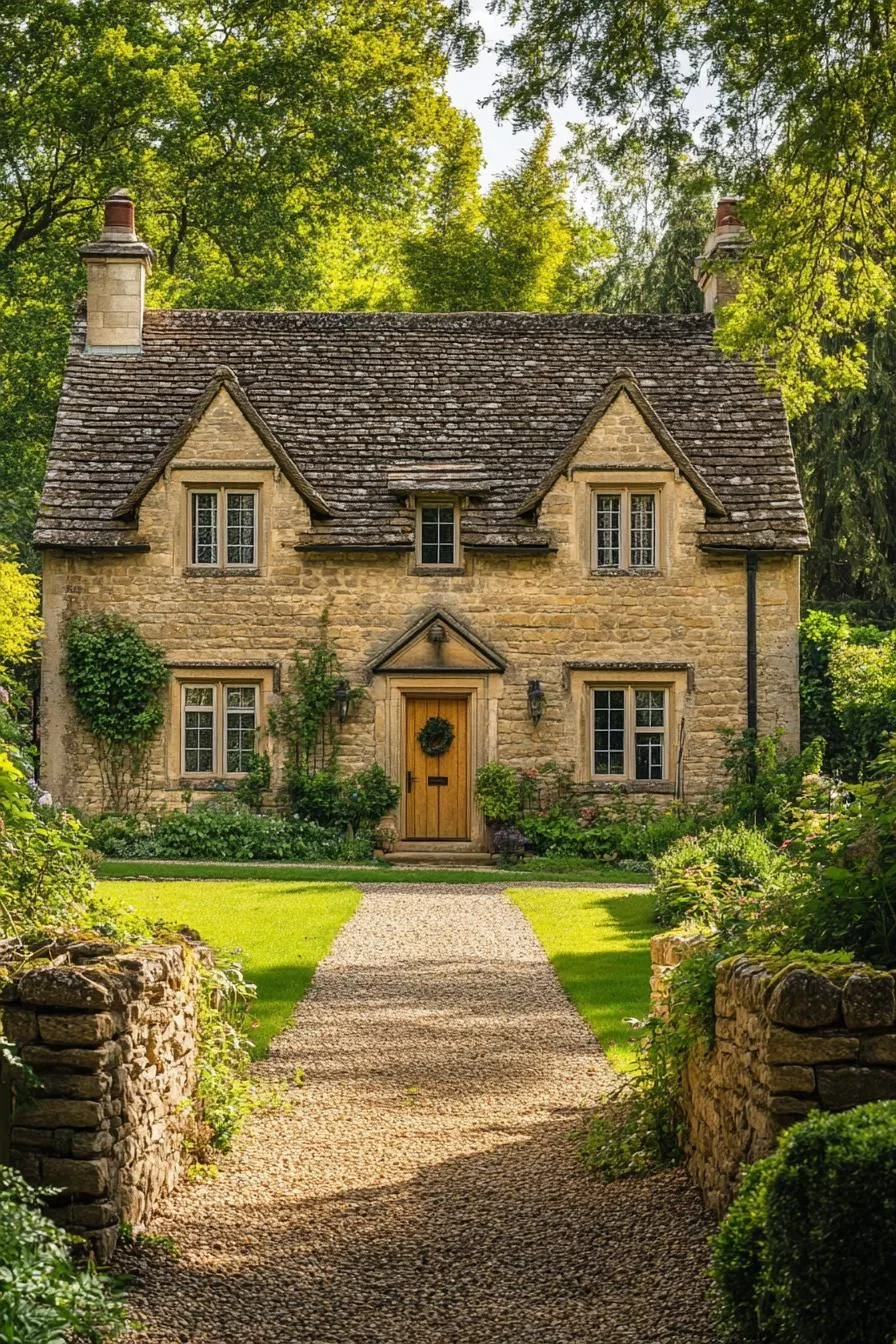 A Pebble-Path Cottage with a Wreathed Door