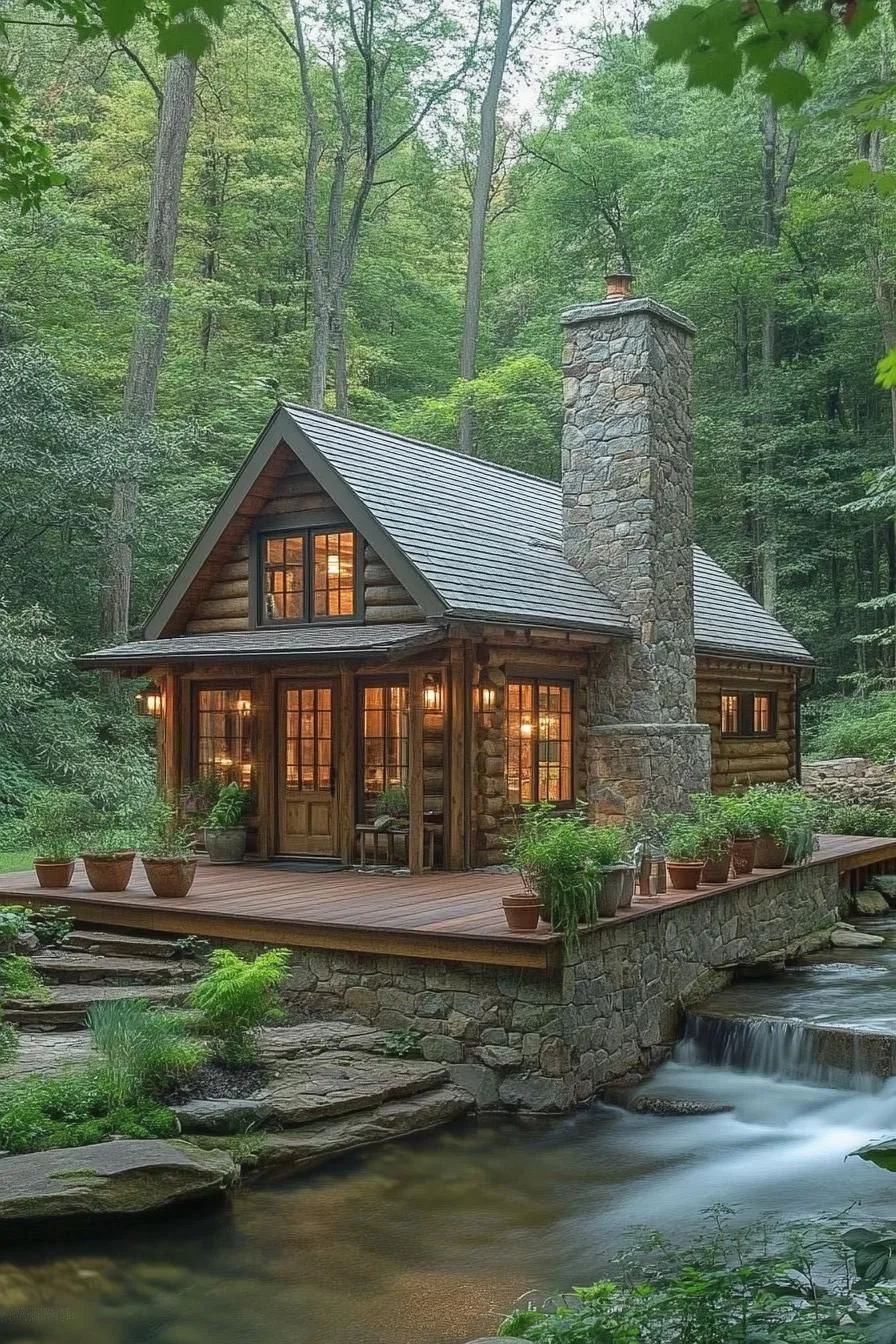 A Cabin Beside a Cascading Creek