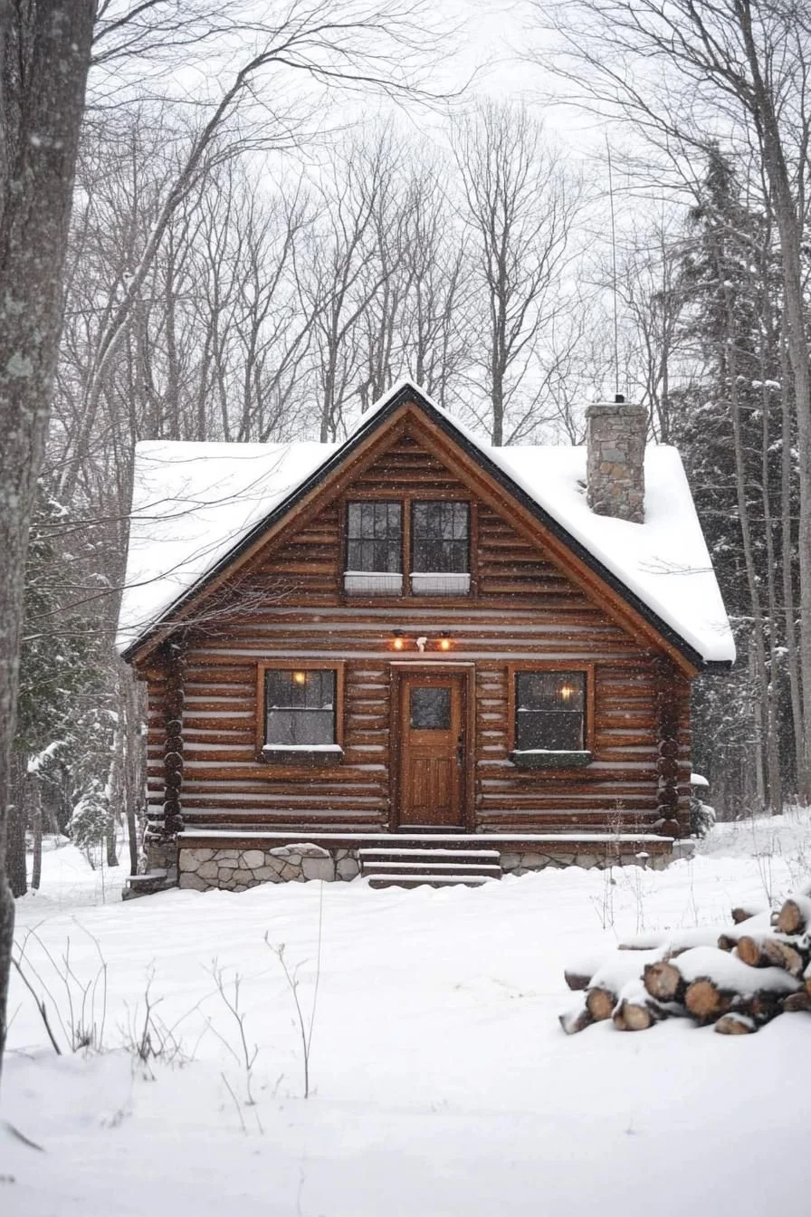 Quaint Log Cottage Wrapped in Snow